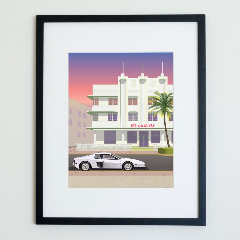 Ferrari Testarossa Miami Art Deco Illustration Art Print Vectrolux